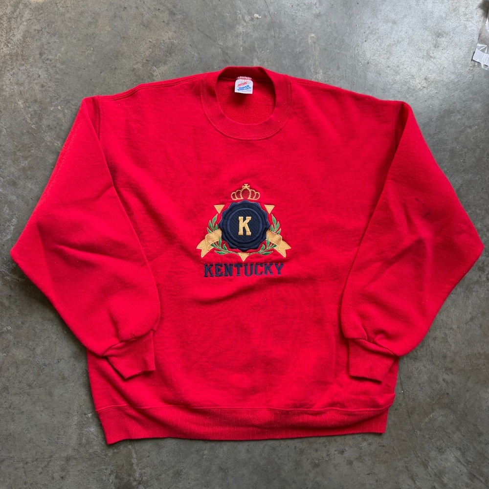 Vintage 90s Kentucky Embroidered Crest Pullover Sweatshirt Red Mens L (21.5x25)